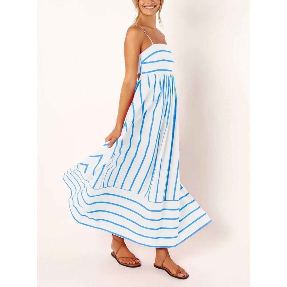 Women's Wide Blue White Striped Back Smocked Spaghetti Strap Cut Out Maxi Dress - Picture 4 of 7